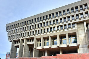 Boston City Hall in Government Center. The current hall was built in 1968 and is a controversial and prominent example of the brutalist architectural style.